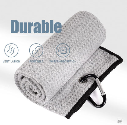 Tri-Fold Golf Towel | Premium Microfiber Fabric | Waffle Pattern | Heavy Duty Carabiner Clip | 14 Color Options