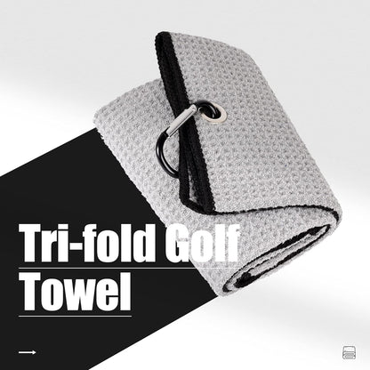 Tri-Fold Golf Towel | Premium Microfiber Fabric | Waffle Pattern | Heavy Duty Carabiner Clip | 14 Color Options