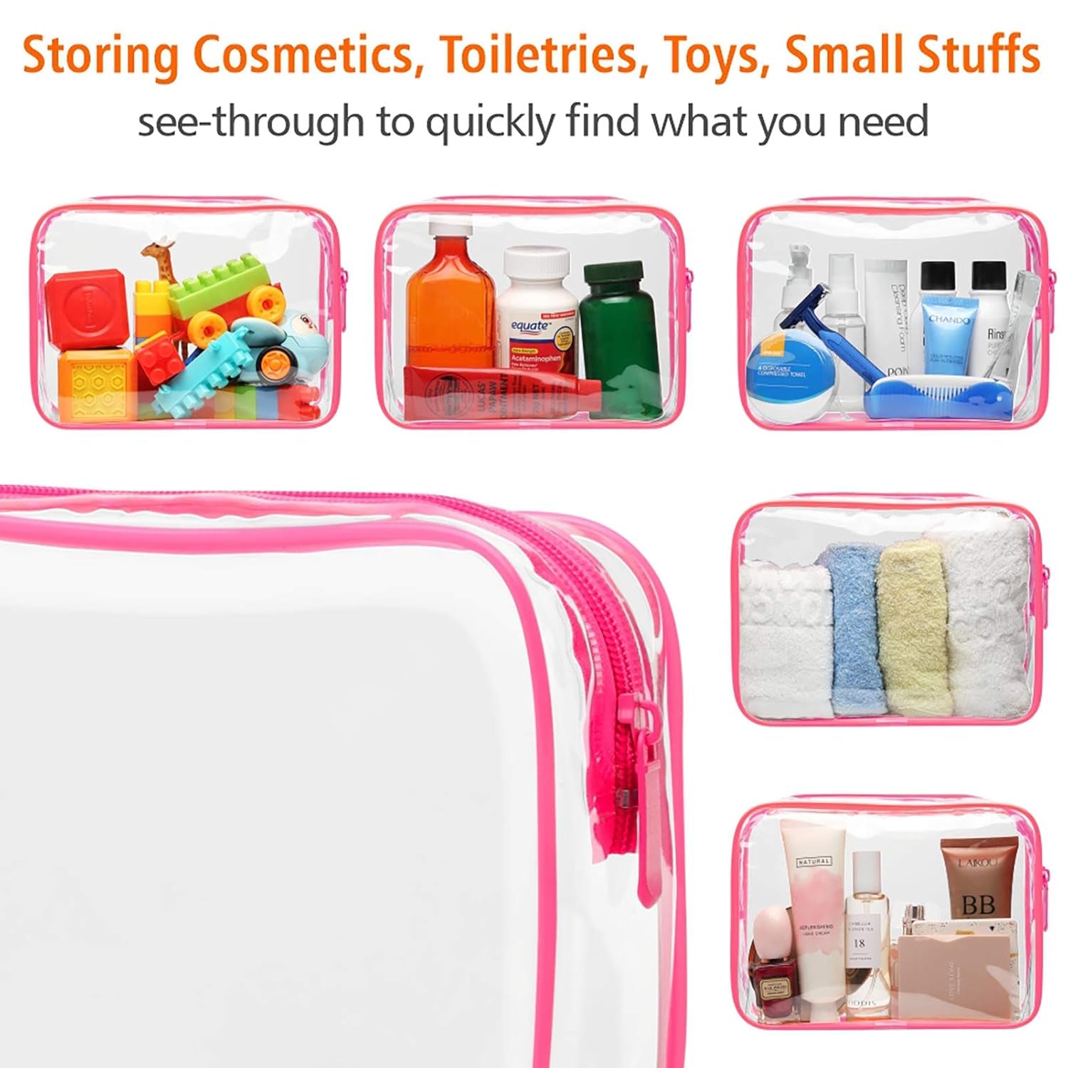 TSA Approved Toiletry Bag 3 Medium - Quart Size Clear Makeup Bag for Carry On, Airport Security Compliant Clear Travel Bag for Toiletries with Reinforced Seams, Bright Rose Red
