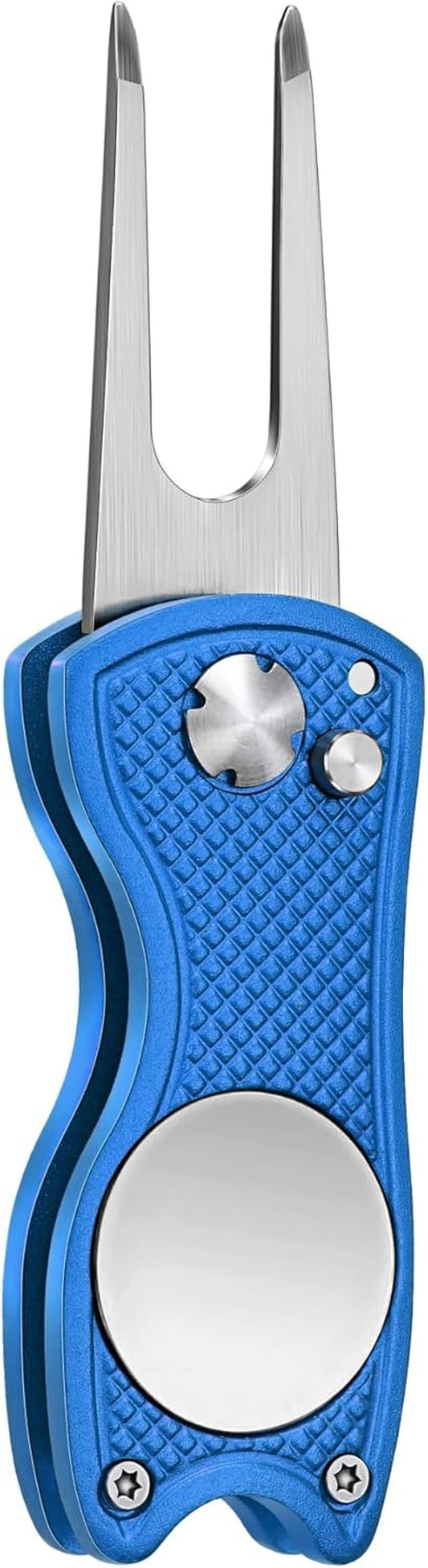 All Metal Foldable Golf Divot Tool with Pop-Up Button & Magnetic Ball Marker (Multi-Colors/Shape)